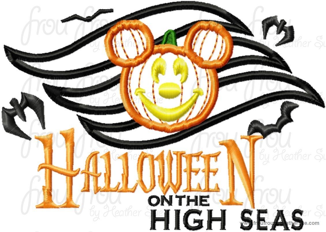 Halloween on the Seas Dis Cruise Line Symbol with Pumpkin Mister Mouse Head With AND without wording Machine Applique Embroidery Design, Multiple Sizes, including  4 inch