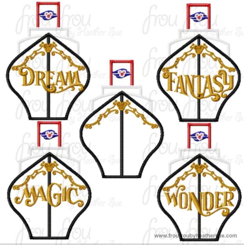 Dis Cruise Ship Full Color Front FIVE Design SET Machine Applique Embroidery Designs, Multiple sizes including 4 inch