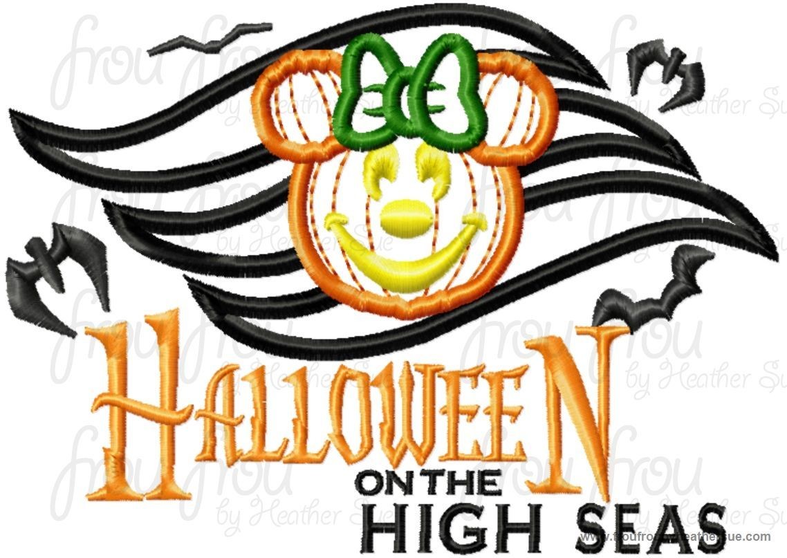 Halloween on the Seas Dis Cruise Line Symbol with Pumpkin Miss Mouse Head With AND without wording Machine Applique Embroidery Design, Multiple Sizes, including  4 inch