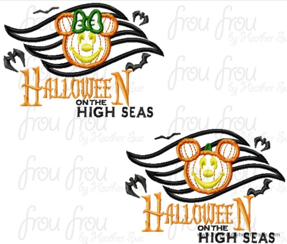 Halloween on the Seas Dis Cruise Line Symbol with Pumpkin Mister and Miss Mouse Head With AND without wording FOUR Design SET Machine Applique Embroidery Design, Multiple Sizes, including  4 inch