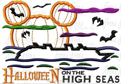 Halloween on the Seas With Boat and Sunset Pumpkin Dis Cruise Line Symbol with Pumpkin Miss Mouse Head With AND without wording Machine Applique Embroidery Design, Multiple Sizes, including  4 inch