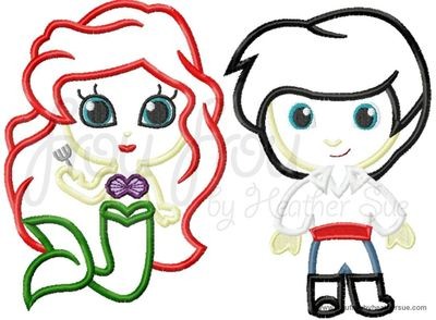 Ariah Mermaid and her Prince TWO Little Cutie Set Machine Applique Embroidery Designs, multiple sizes, including 4 inch