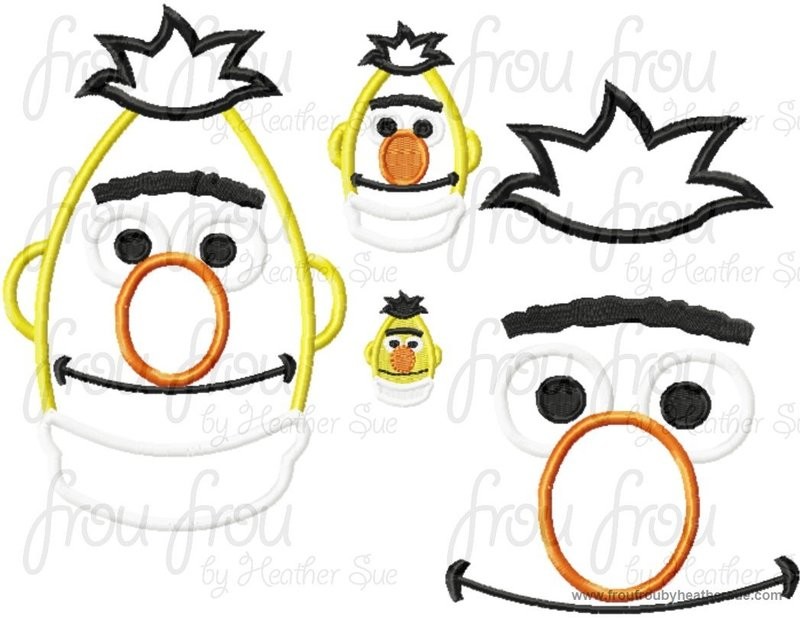 Burt Face and Head  TWO Machine Applique and filled Embroidery  Designs Multiple Sizes, including 1.5, 2, 3,4 inch and more