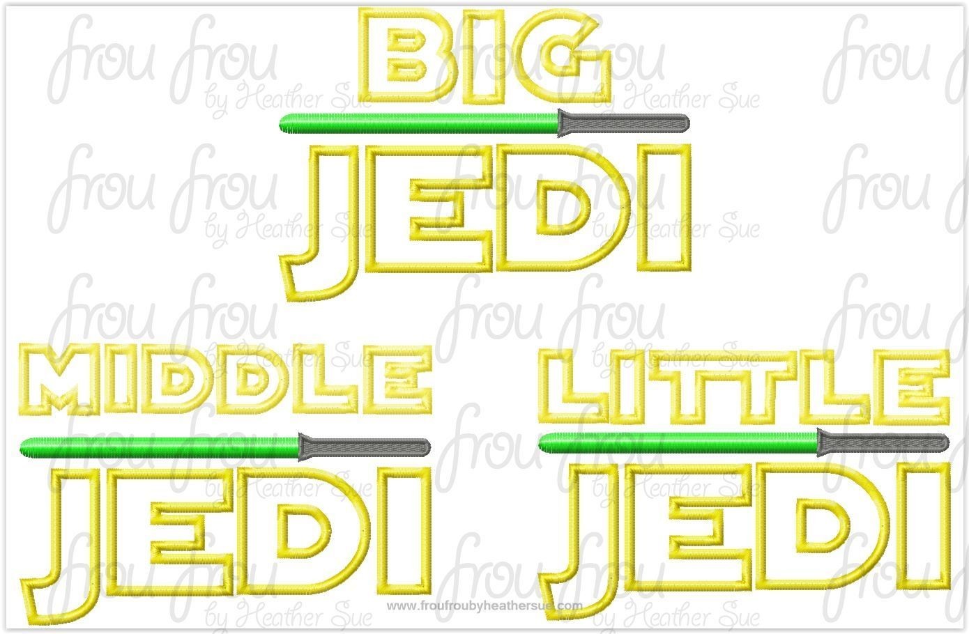 Big, Middle, and Little  Jed Space Wars Wording THREE Design SET Machine Applique Embroidery Design Multiple Sizes, including 4&quot;