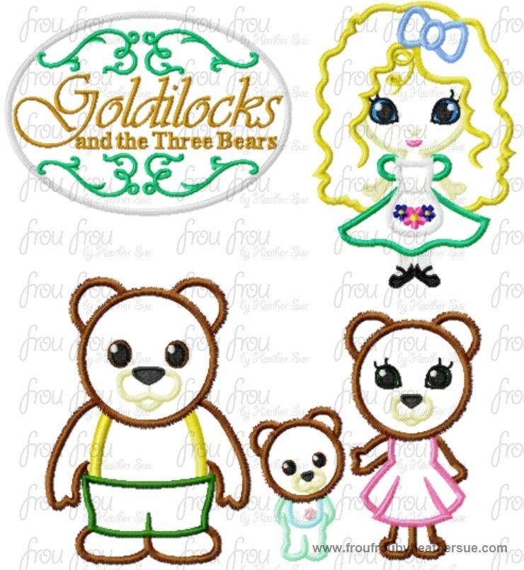 Goldilocks and the Three Bears Cutie Little Princess Story Book FIVE Design Set Machine Applique Embroidery Design, Multiple Sizes, INCLUDING 4 INCH