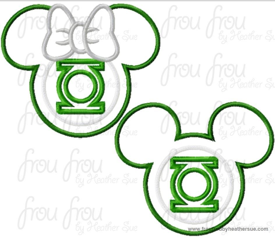 Green Lamp Super Hero Mister and Miss Mouse Head TWO Design SET Machine Applique Embroidery Designs, multiple sizes including 4 inch