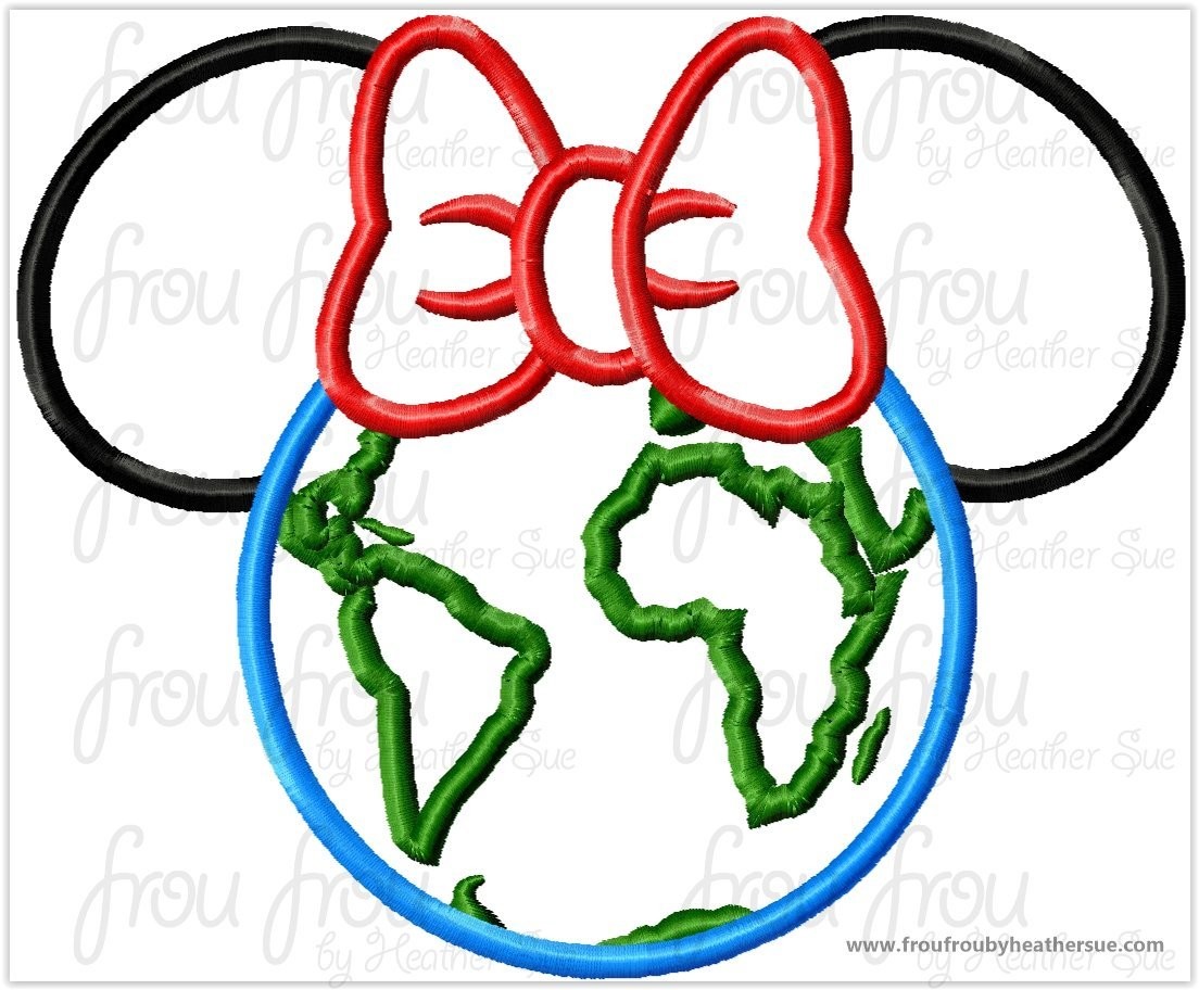 Earth World Globe Miss Mouse Head Machine Applique Embroidery Designs, multiple sizes including 4&quot;-16&quot;