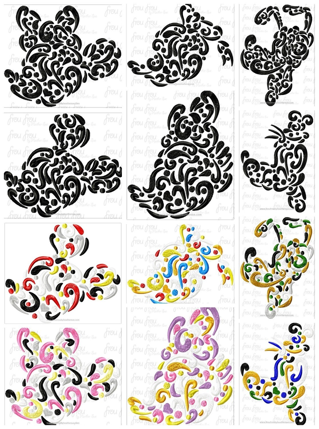 Paisley Swirly Kaleidoscope Mister Mouse and friends heads SIX Design SET Machine Embroidery Designs, multiple sizes including 3&quot;-16&quot;