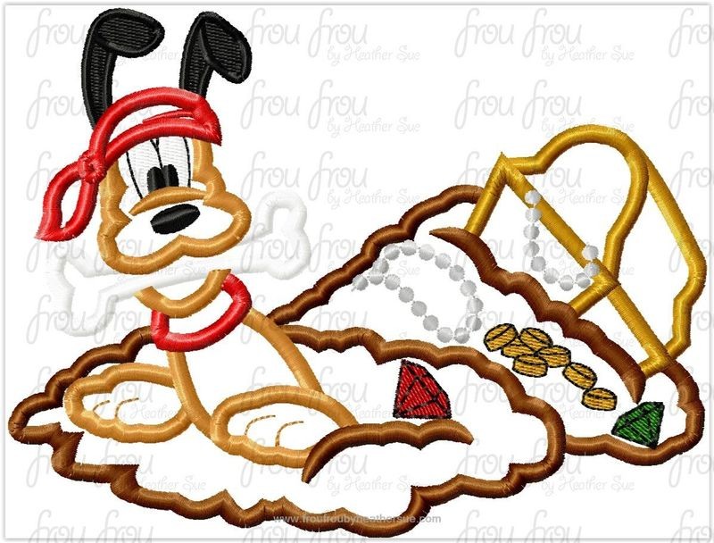 Pirate Plulo Dog With Buried Treasure Machine Applique Embroidery Design, multiple sizes including 4"-16"