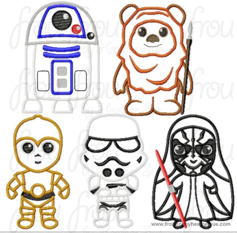 Space Wars FIVE Cuties Little Prince and Princess Machine Applique Embroidery Designs SET, Multiple Sizes, INCLUDING 4 INCH
