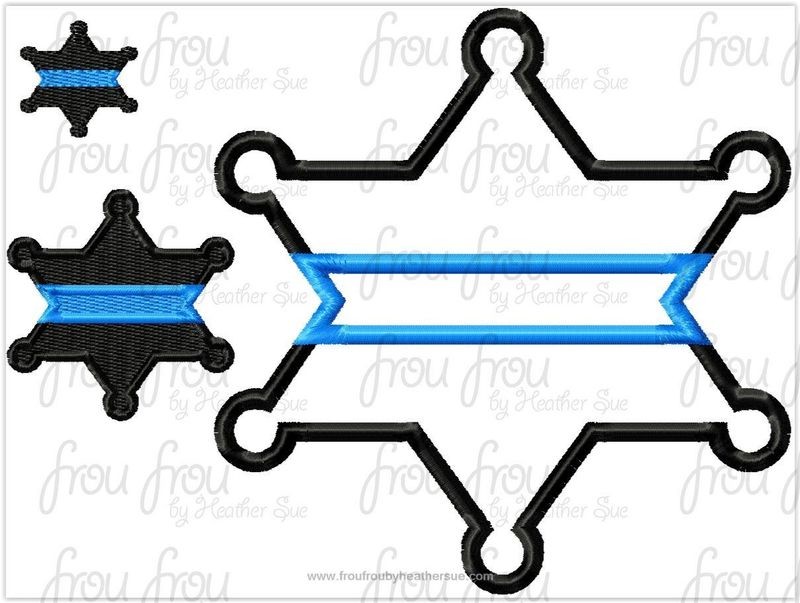 Star Police Badge With Thin Blue Line Machine Applique and filled Embroidery Design, Multiple Sizes, including 1"-16"