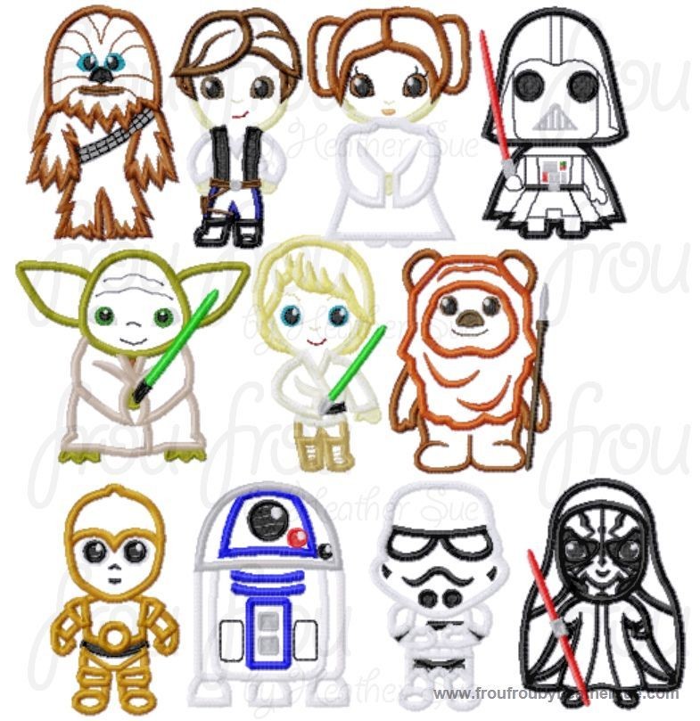 Space Wars ELEVEN Cuties Little Prince and Princess Machine Applique Embroidery Designs SET, Multiple Sizes, INCLUDING 4 INCH