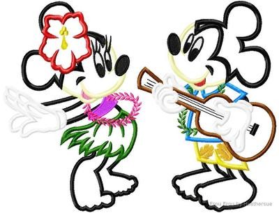 Hula Full Body Mister and Miss Mouse Beach TWO Design SET Machine Applique Embroidery Design, multiple sizes, including 4 inch