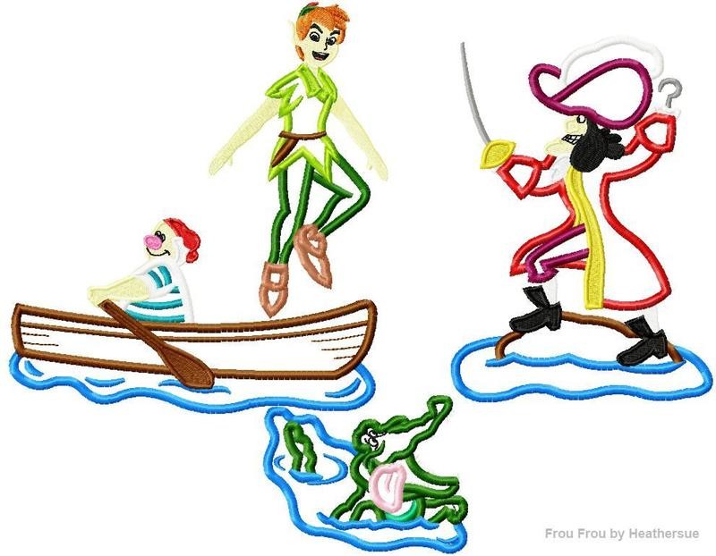 Pete Pan on Water FOUR Design SET Machine Applique Embroidery Design, multiple sizes including 4 inch