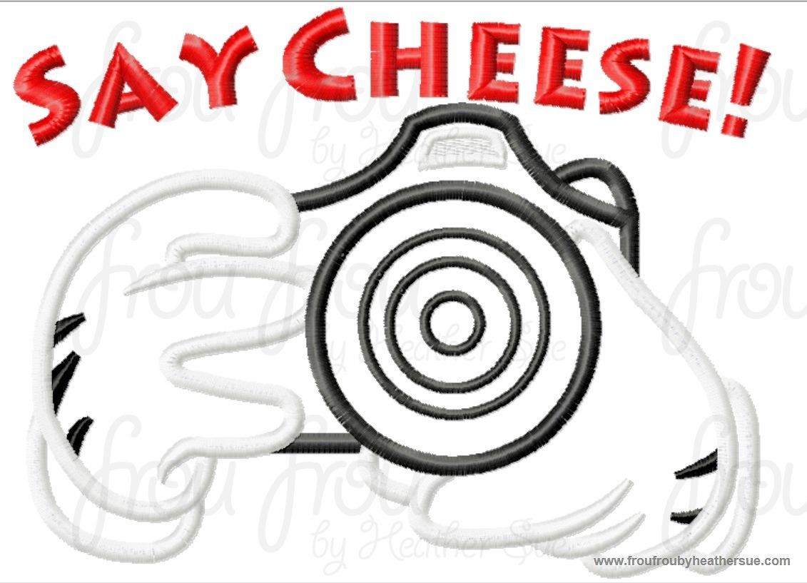 Say Cheese Camera with Mister Mouse Hands TWO Designs- With and Without Wording Machine Applique Embroidery Design, Multiple sizes, including 4 inch