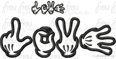 LOVE Mister Mouse Hands Machine Applique Embroidery Design, multiple sizes, including 2, 3, 4, 7, and 10 inch