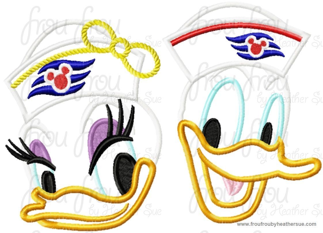 Don and Dasey Duck Head Wearing Sailor Hat Cruise Ship TWO Design SET Machine  Applique Embroidery Design, Multiple Sizes, including  4 inch