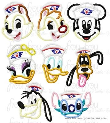 Sailor Hat Mister Mouse and Friends Face EIGHT Design SET Cruise Ship Machine Applique Embroidery Design, Multiple Sizes, including 4 inch