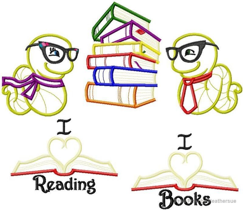 Bookworm FIVE Design Set Machine Applique Embroidery Design, multiple sizes, including 4 inch