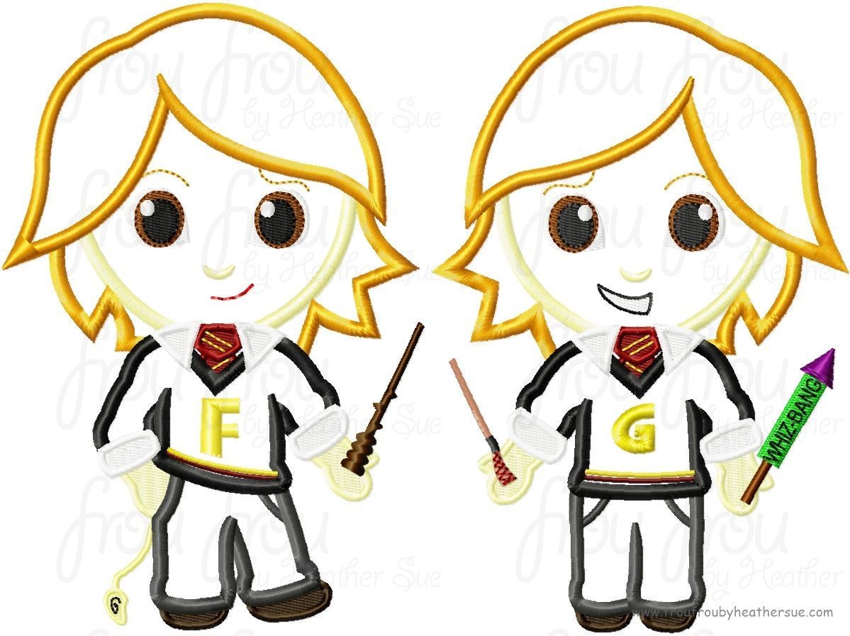 Freed and Geesh Wesley Twins Wizard Little Cutie TWO Design SET Machine Applique Embroidery Design, Multiple Sizes NOW INCLUDING 4 INCH