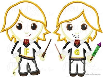 Freed and Geesh Wesley Twins Wizard Little Cutie TWO Design SET Machine Applique Embroidery Design, Multiple Sizes NOW INCLUDING 4 INCH