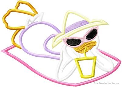 Dasey Duck on Beach Sunbathing Full Body Machine Applique Embroidery Design, multiple sizes, including 4 inch