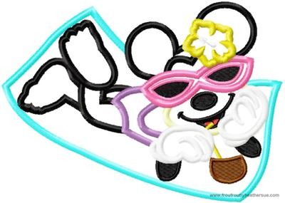 Miss Mouse on Beach Sunbathing Full Body Machine Applique Embroidery Design, multiple sizes, including 4 inch