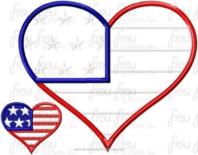 Heart American Flag Machine Applique and filled Embroidery Design, Multiple Sizes, including 1"-16"
