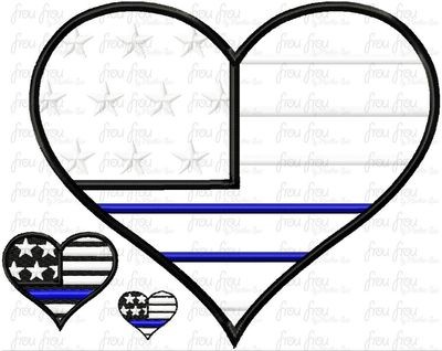 Heart With Thin Blue Line Police Machine Applique and filled Embroidery Design, Multiple Sizes, including 1"-16"