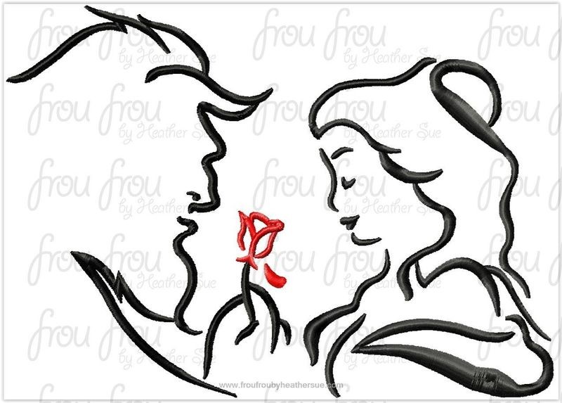 Beasty with rose and Bella satin stitch sketch machine embroidery design, multiple sizes including 3"-16"