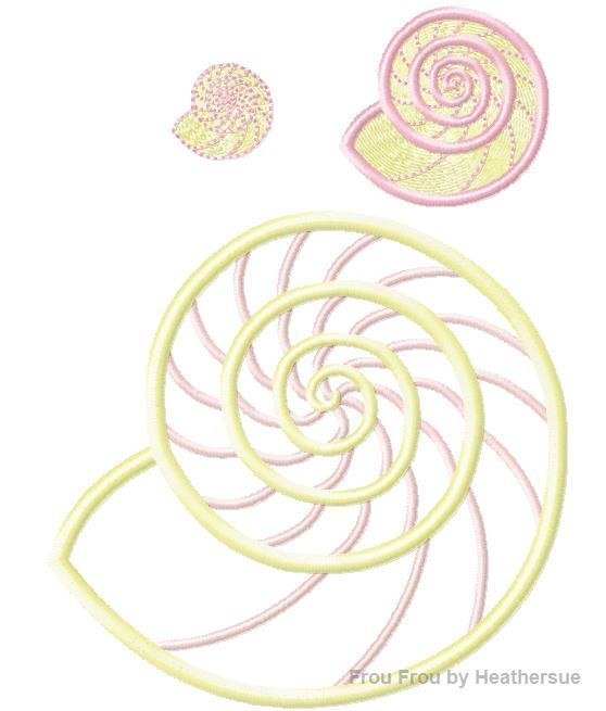 Spiral Nautilus Shell Beach Machine Applique and Filled Embroidery Design, multiple sizes, including 1, 2, 3, 4, 5, and 6 inch