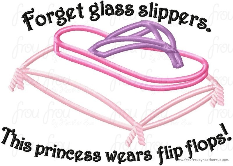 Forget glass slippers.  This Princess wears flip flops!  Machine Applique Embroidery Design, multiple sizes including 4 inch