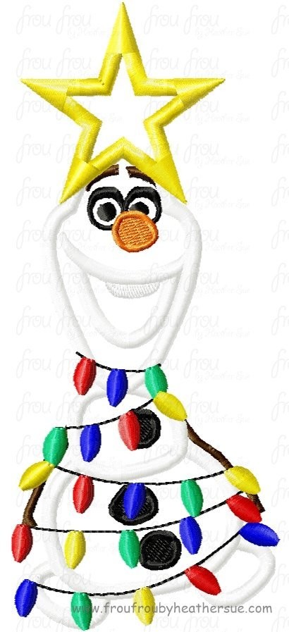 Oolaf Snowman with star and lights Freezing Christmas Machine Applique Embroidery Design, multiple sizes including 4