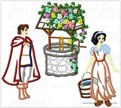 Snowy White wearing Peasant Dress, Wishing Well, and her Prince Full Body Princess THREE Design SET Machine Applique Embroidery Design, Multiple sizes including 4 inch