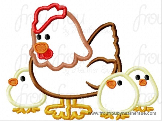 Hen and Chicks Chicken Machine Applique Embroidery Design, multiple sizes, including 4 inch