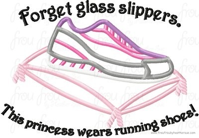 Forget glass slippers. This Princess wears running shoes! Machine Applique Embroidery Design, multiple sizes including 4 inch