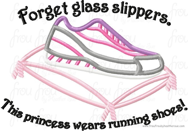 Forget glass slippers.  This Princess wears running shoes! Machine Applique Embroidery Design, multiple sizes including 4 inch