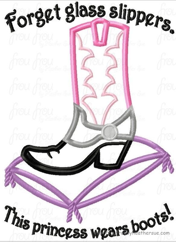 Forget glass slippers.  This Princess wears boots!  Machine Applique Embroidery Design, multiple sizes including 4 inch