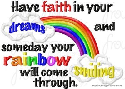 Have Faith in Your Dreams and Someday Your Rainbow Will Come Smiling Through Wording with and without frame Machine Applique Embroidery Design, Multiple sizes including 4 inch