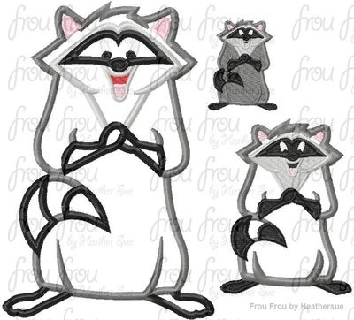 Miko Raccoon Poke A Hontas Machine Applique Embroidery Design, Multiple sizes including 2, 3, 4, 7, and 9 inch