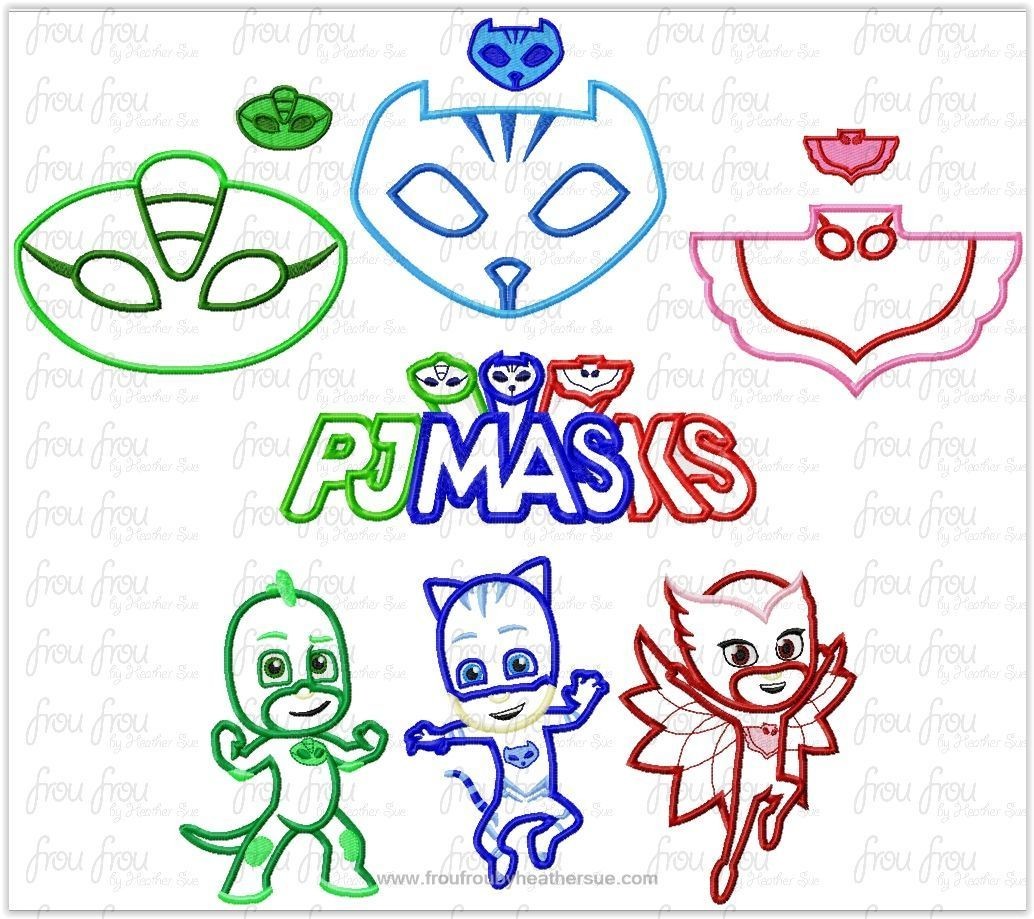 Pajama Masks SEVEN Design SET Machine Applique Embroidery Design, multiple sizes including some in 1&quot;-16&quot;