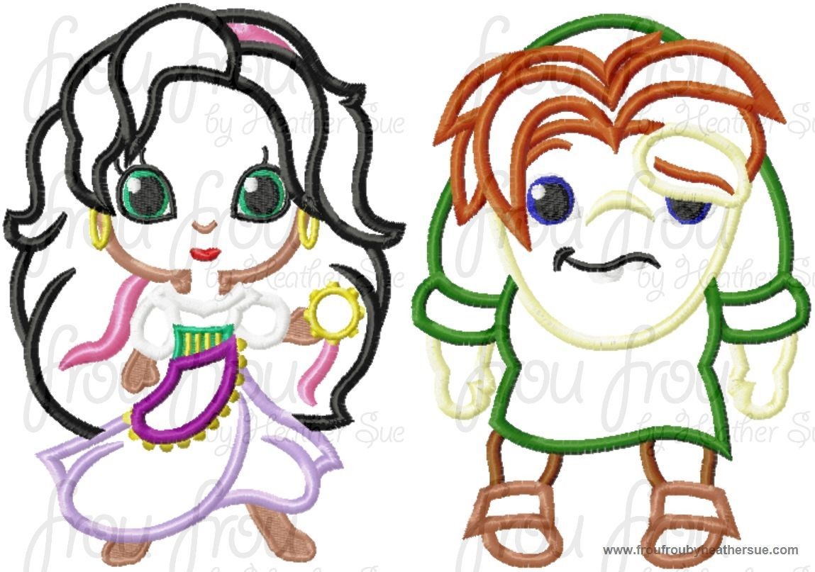 Essy and Quasi Hunchback Little Cutie Prince Princess TWO Design SET Machine Applique Embroidery Design, multiple sizes including 4 inch