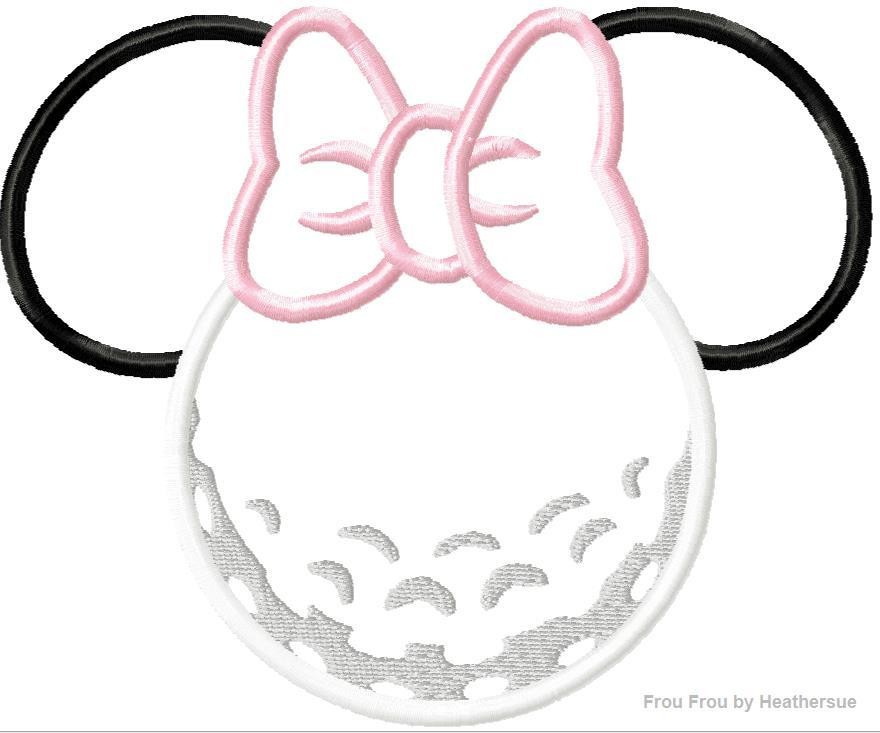 Golf Ball Miss Mouse Head Machine Applique Embroidery Designs, multiple sizes including 4 inch