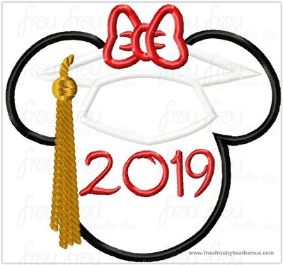 Graduation Miss Mouse 2019 Machine Applique Embroidery Designs, Multiple sizes including 4 inch