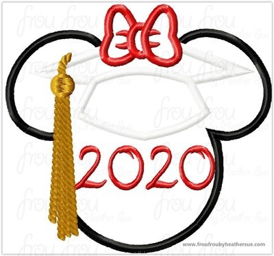 Graduation Miss Mouse 2020 Machine Applique Embroidery Designs, Multiple sizes including 4 inch