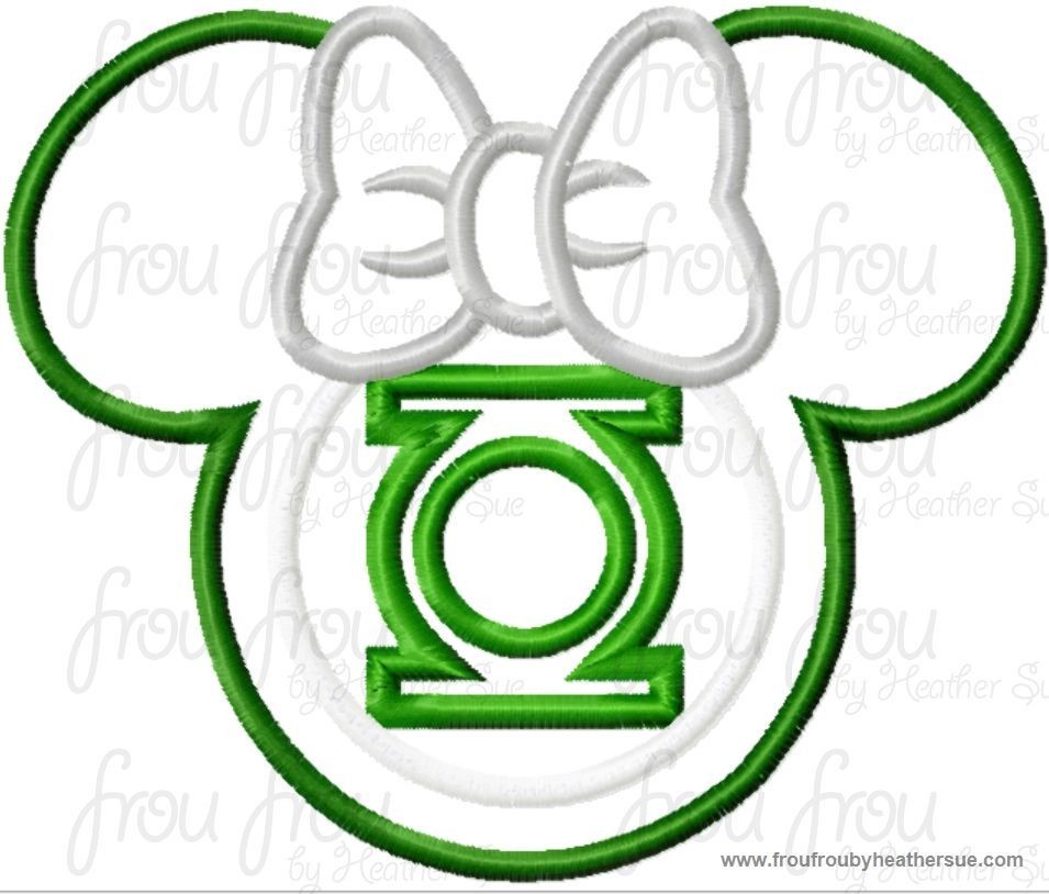 Green Lamp Super Hero Miss Mouse Head Machine Applique Embroidery Designs, multiple sizes including 4 inch
