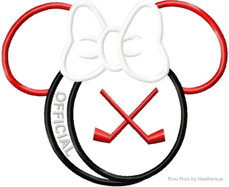 Hockey Puck Miss Mouse Head Machine Applique Embroidery Designs, multiple sizes including 4 inch