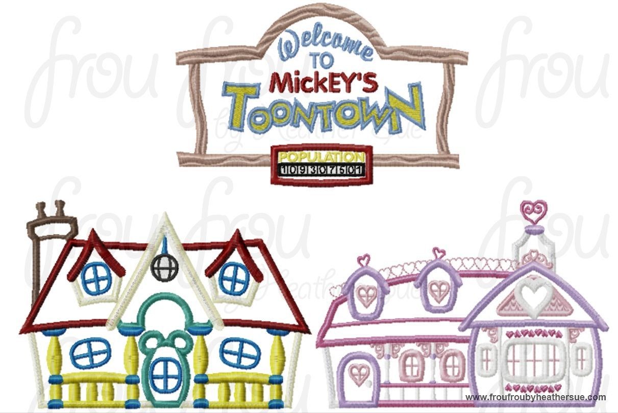 Toon Land Sign, Mister, and Miss Mouse&#39;s House THREE Design SET Machine Applique Embroidery Design, Multiple sizes including 4 inch