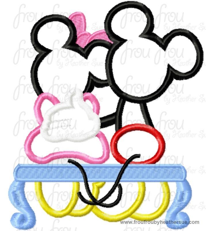 Mister and Miss Mouse on Bench Machine Applique Embroidery Designs, multiple sizes including 4 inch