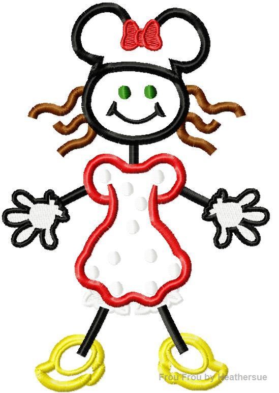 Stick Woman Miss Mouse Machine Embroidery Design, multiple sizes including 3, 4, 5, 6, 7, 8, and 9 inch